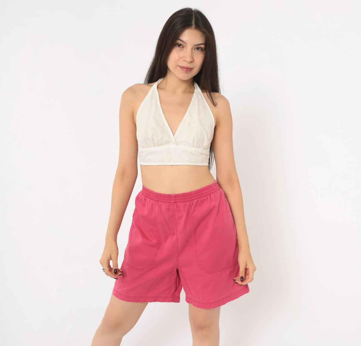 90s Eddie Bauer Pink Cotton Shorts High Waist Elastic Medium M