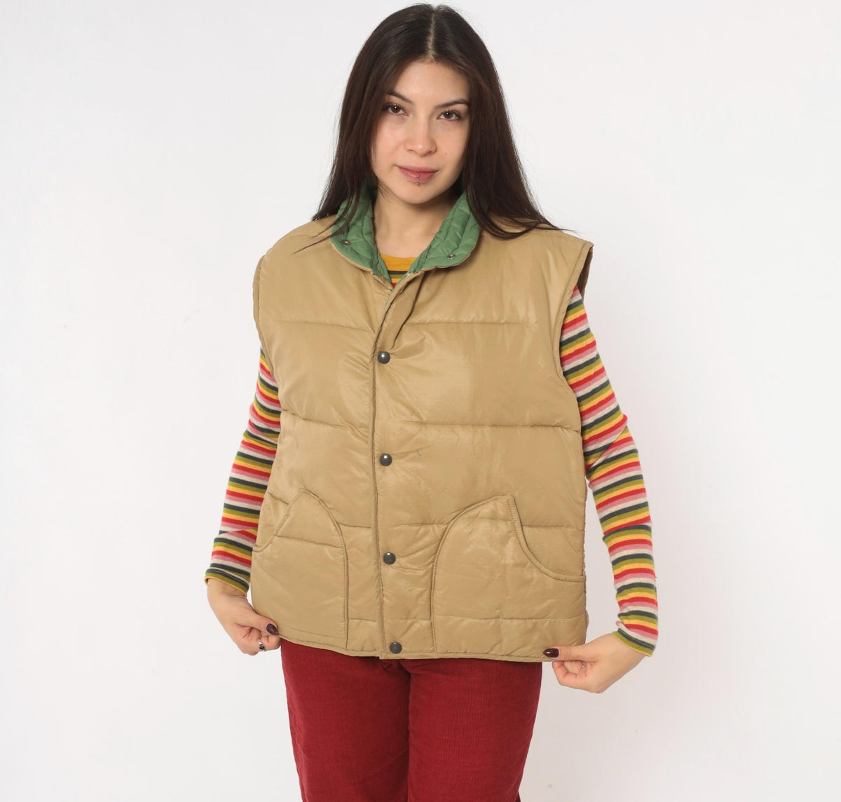 80s Aramis Devin Puffer Vest Tan Reversible Green Quilted Snap Medium