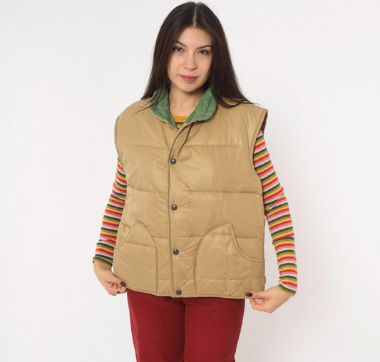 80s Aramis Devin Puffer Vest Tan Reversible Green Quilted Snap Medium