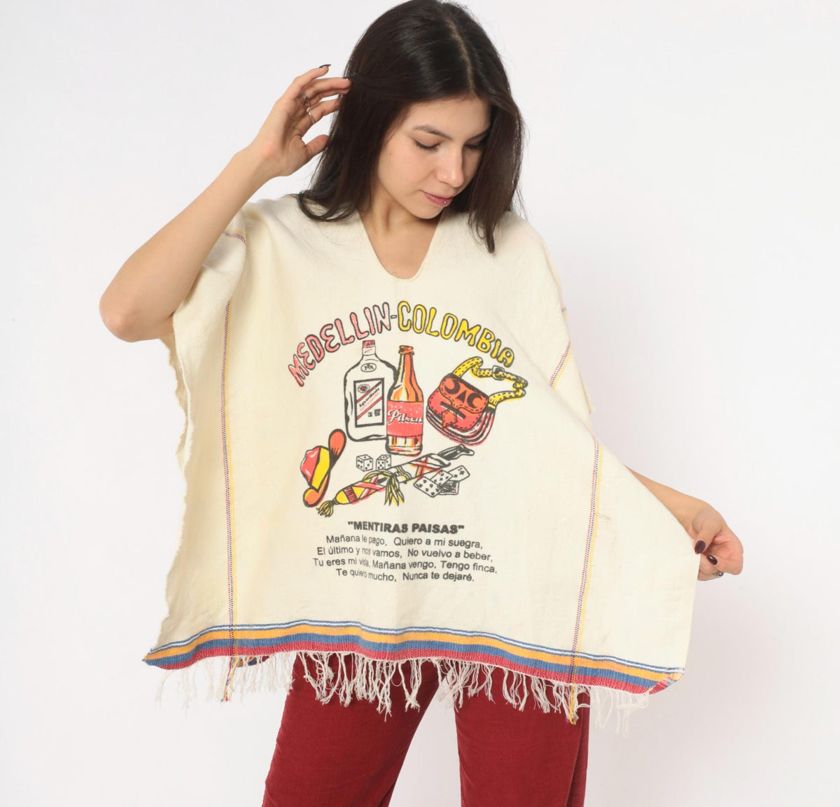 80s Medellin Colombia Souvenir Poncho Cream Cotton Graphic V Neck Fringe One Size