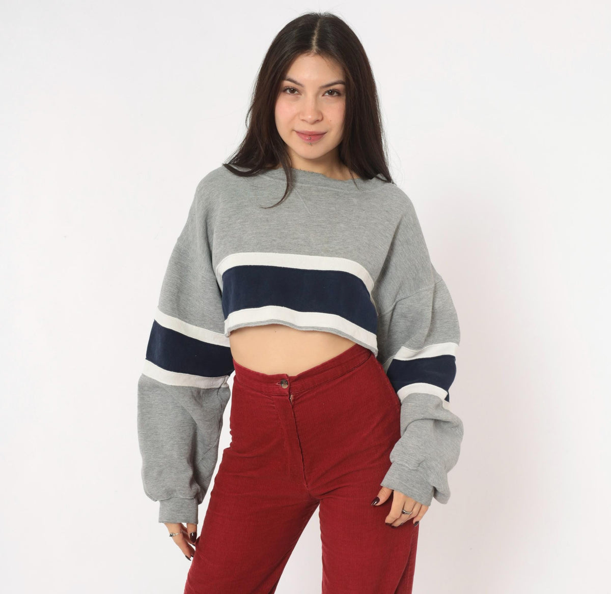 90s Decker Sportswear Cropped Sweatshirt Grey Navy Stripe Boat Neck Small
