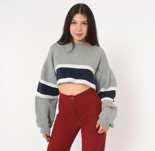 90s Decker Sportswear Cropped Sweatshirt Grey Navy Stripe Boat Neck Small