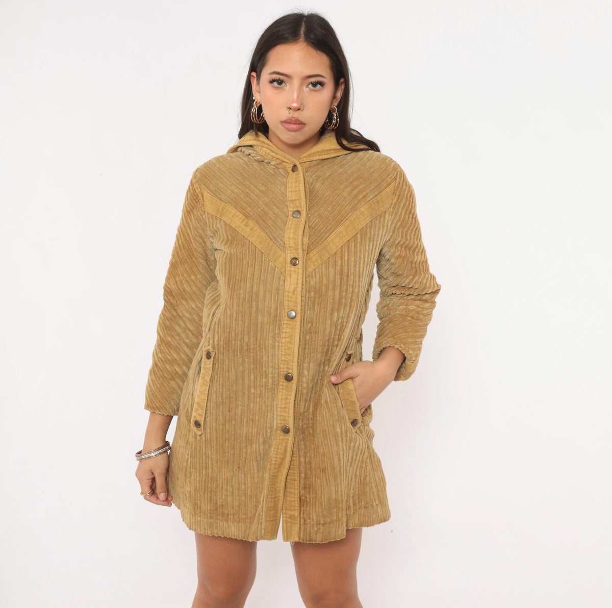 70s Rovercoat Arthur Jay Corduroy Hooded Coat Beige Wide Wale Faux Fur Lined Small S