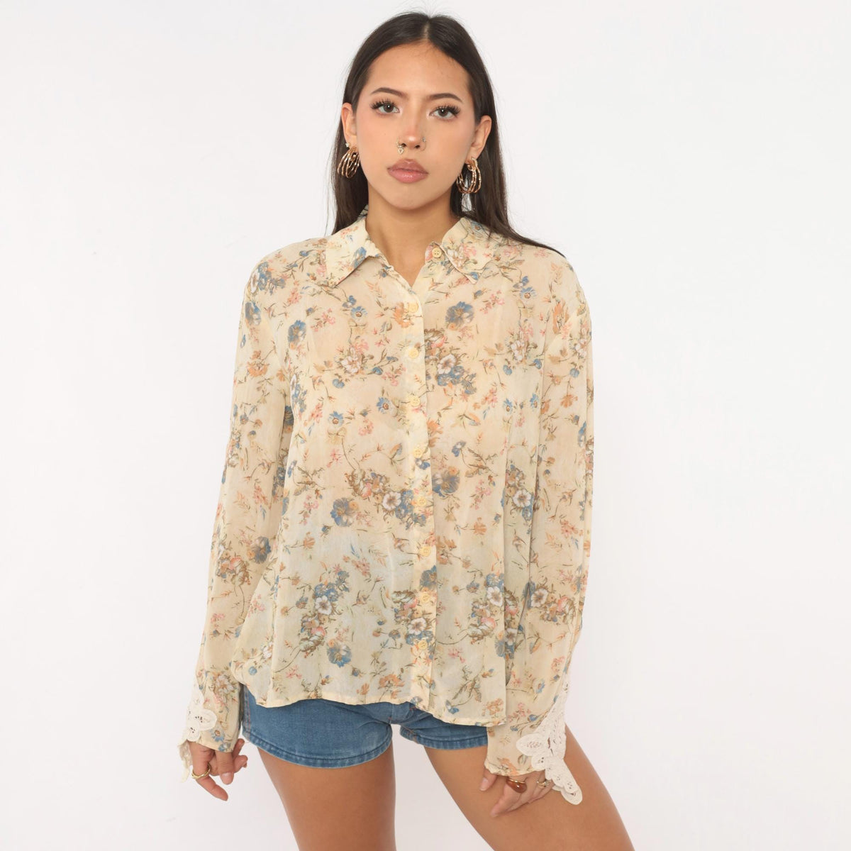 90s Clio Floral Blouse Beige Rayon Semi-Sheer Lace Cuff Medium M