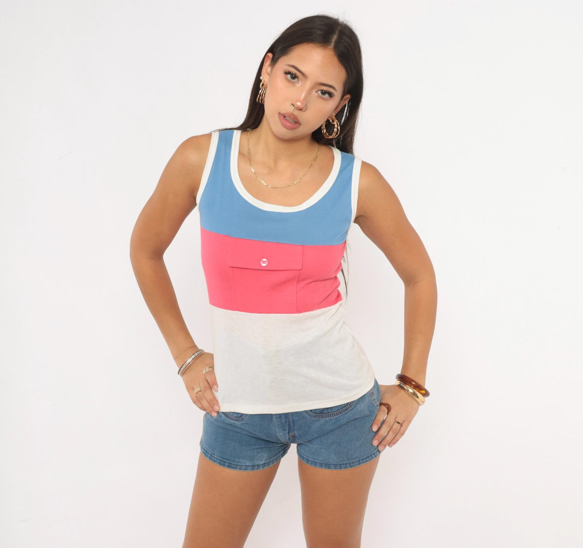 80s Color Block Tank Top Blue Pink White Cotton Sleeveless Extra Small XS