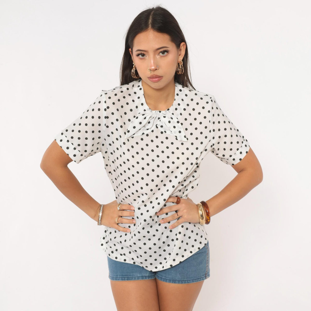 70s Sears Polka Dot Blouse White Black Bow Tie Collar Keyhole Back Medium