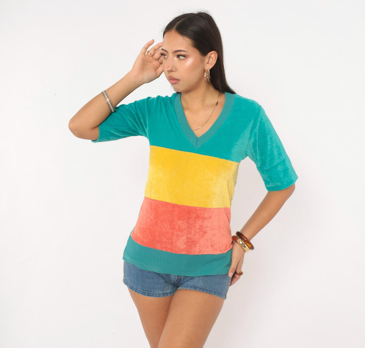 80s Velour Color Block V-Neck Pullover Teal Yellow Coral Medium