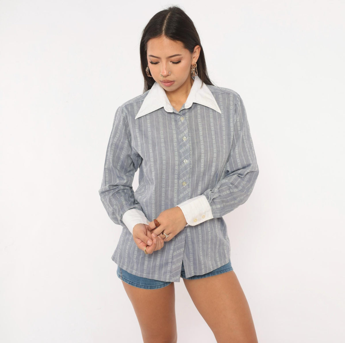 70s Balore Grey Striped Button Up Shirt Contrast Collar Medium