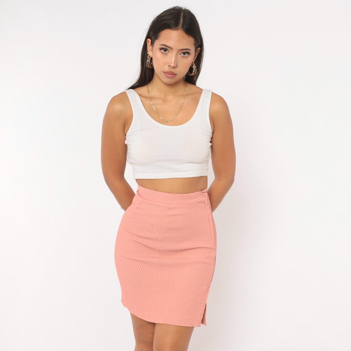 80s Rapid Transit Peach Mini Skirt High Waist Pencil Honeycomb Texture XS