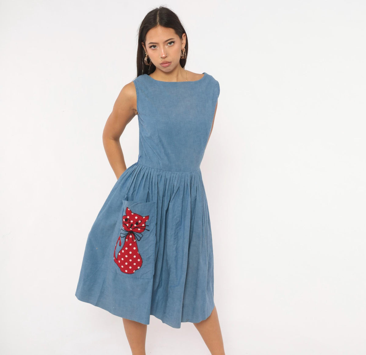 60s Blue Chambray Dress Cat Applique Boat Neck Below Knee Small