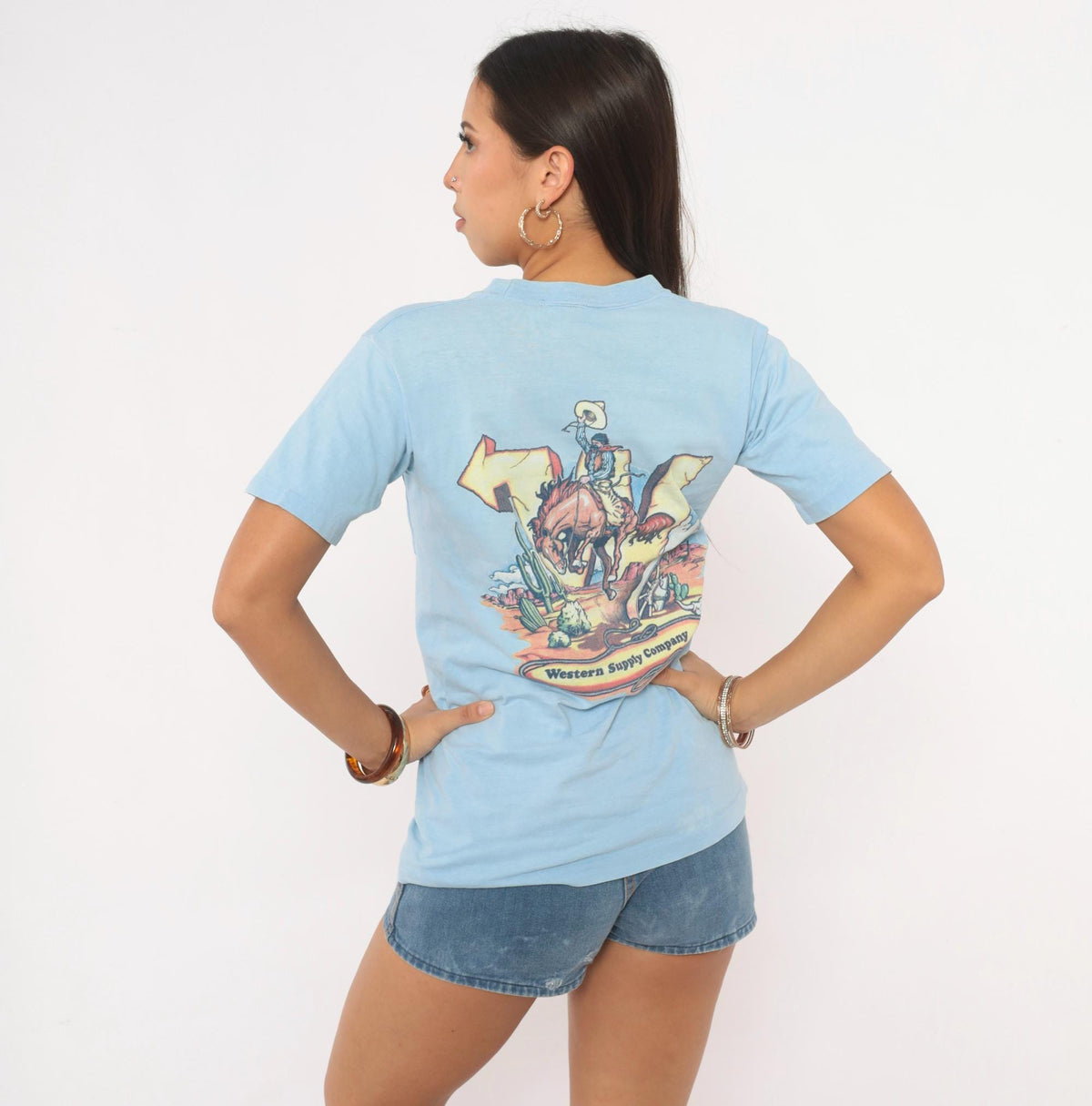 90s Western Supply Company Cowboy Bronco Pocket Tee Light Blue Small S