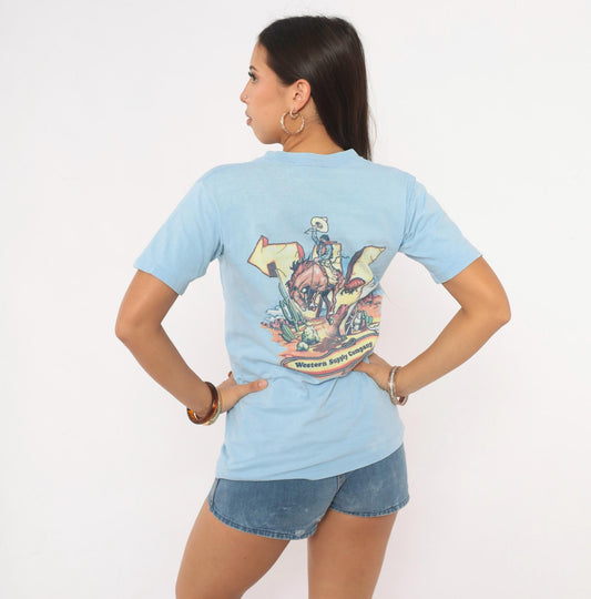 90s Western Supply Company Cowboy Bronco Pocket Tee Light Blue Small S