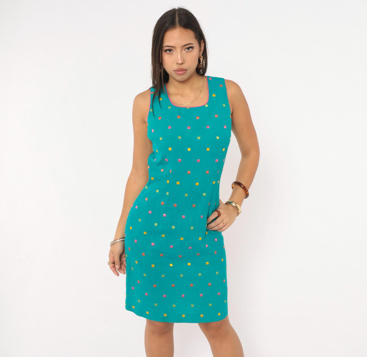 90s First Focus Teal Shift Dress Embroidered Geometric Scoop Neck Small