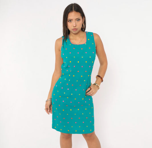 90s First Focus Teal Shift Dress Embroidered Geometric Scoop Neck Small