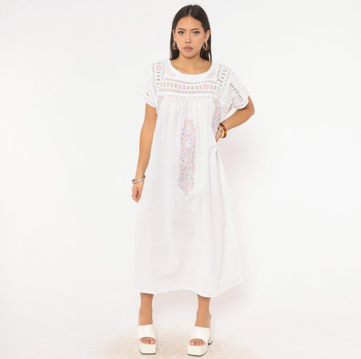 80s Mexican Embroidered Dress White Floral Crochet Lace Yoke Midi Large