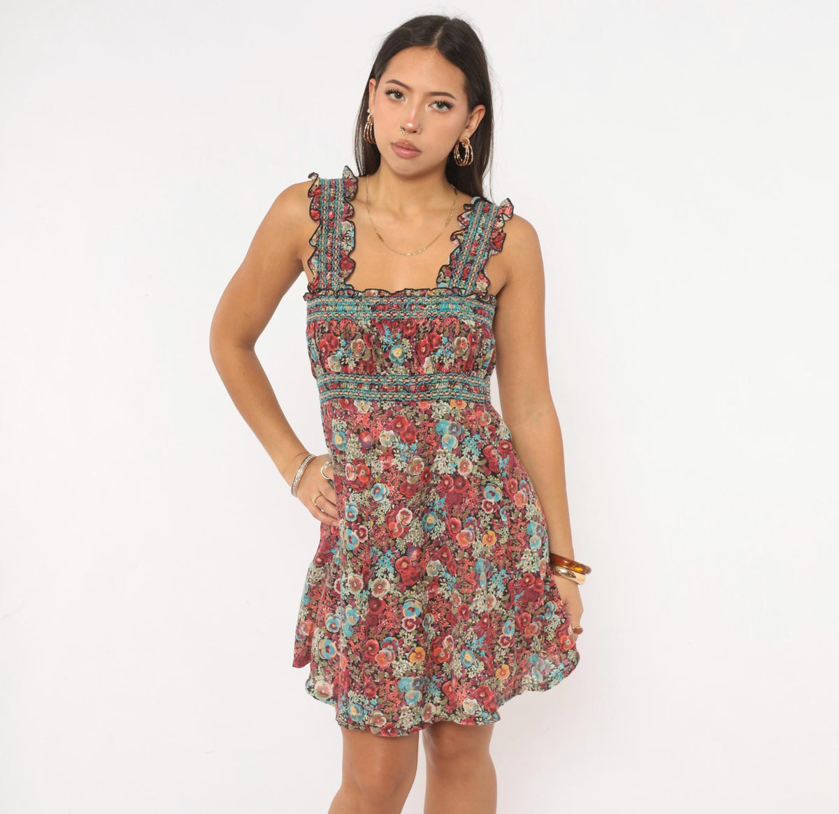70s Floral Mini Dress Burgundy Blue Smocked Square Neck Ruffle Strap Small