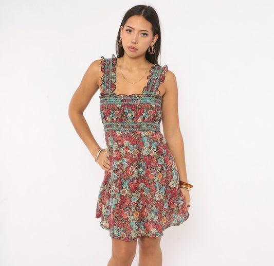 70s Floral Mini Dress Burgundy Blue Smocked Square Neck Ruffle Strap Small