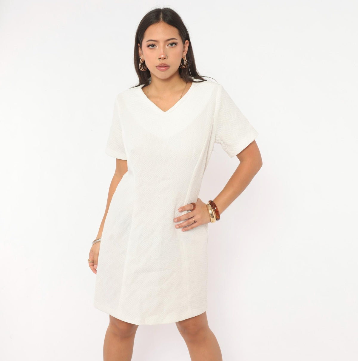 60s White Shift Dress V Neck Short Sleeve Mod A Line Jacquard Medium M