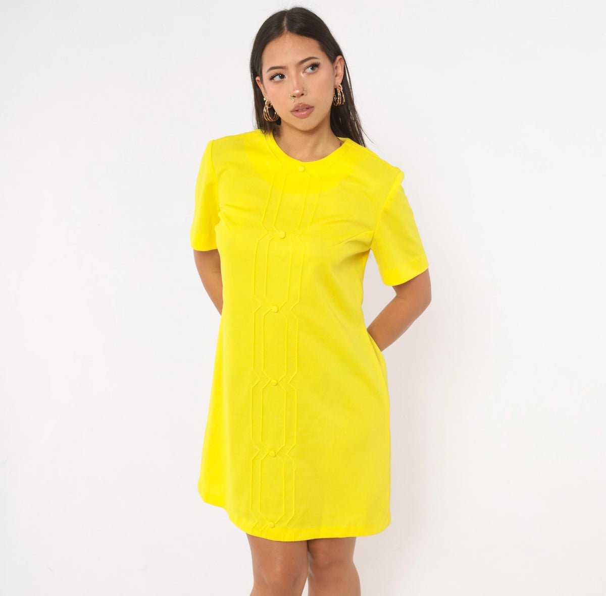 60s Nelly Don Yellow Shift Dress Mod Geometric Topstitch A-Line Large L