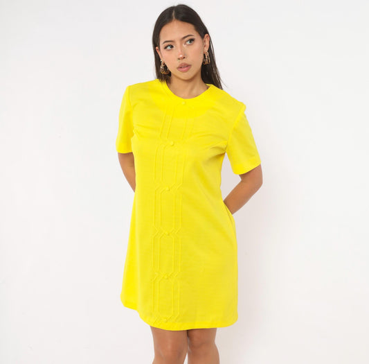 60s Nelly Don Yellow Shift Dress Mod Geometric Topstitch A-Line Large L