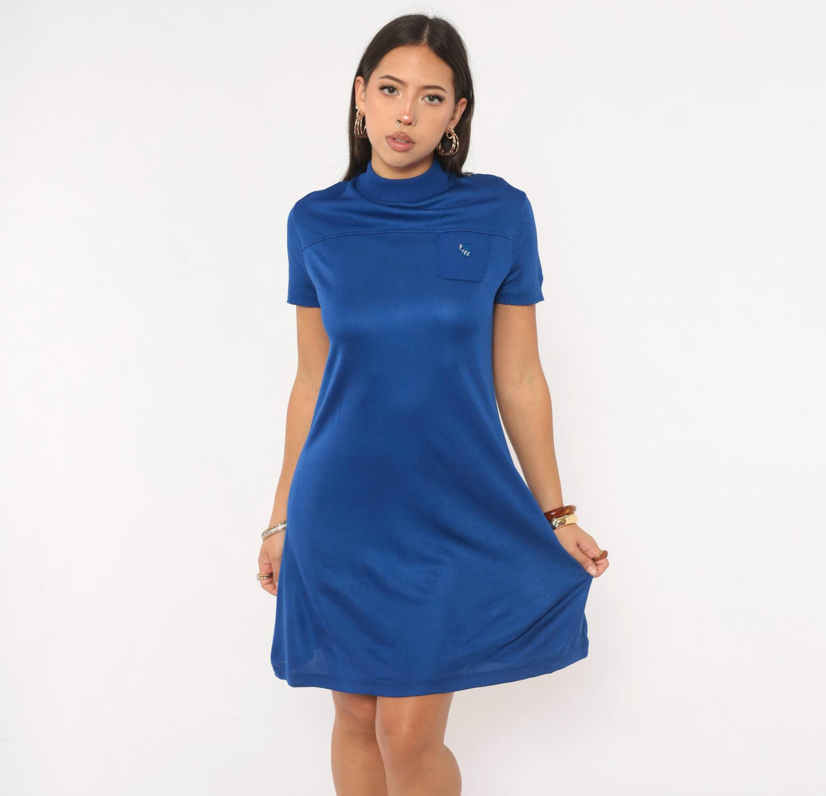 70s Robbie Rivers Bee Embroidered Shift Dress Mock Neck Royal Blue Small