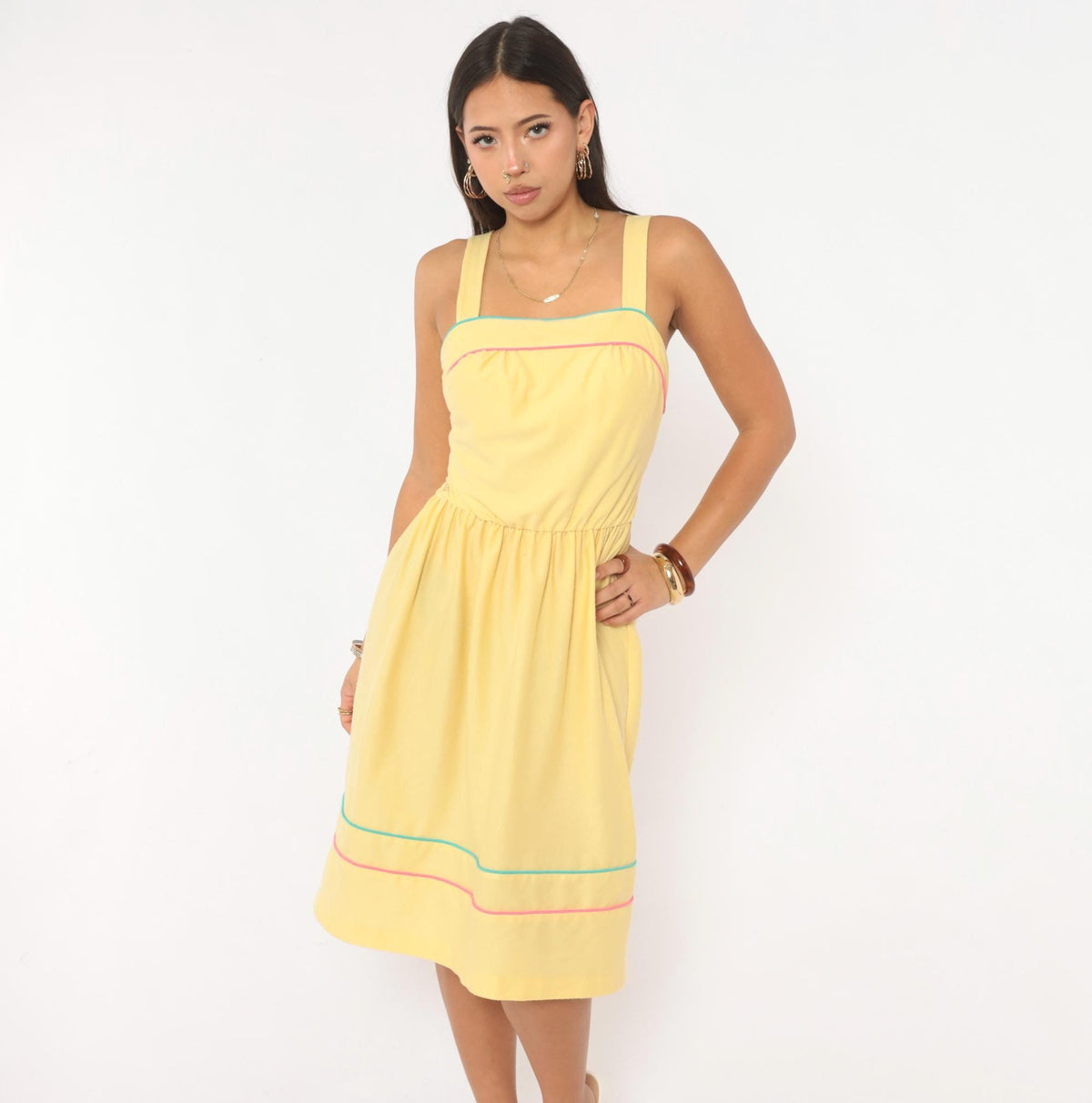 80s Yellow Sundress Mr. Joe Square Neck Teal Pink Piping Medium