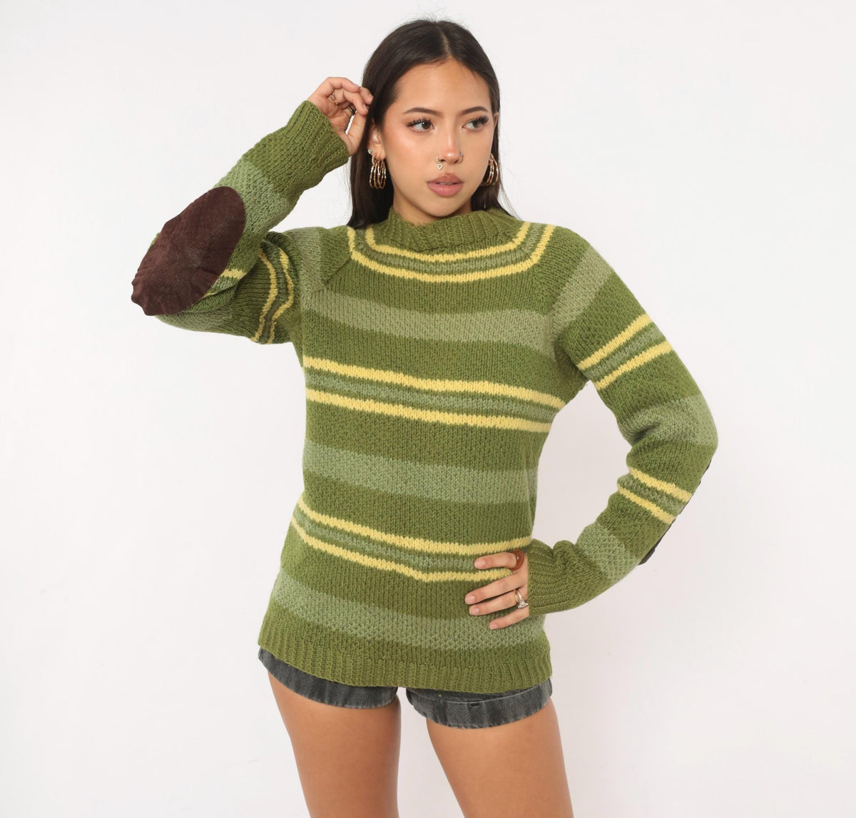 90s Olive Striped Wool Hand Knit Sweater Raglan Brown Elbow Patches Medium
