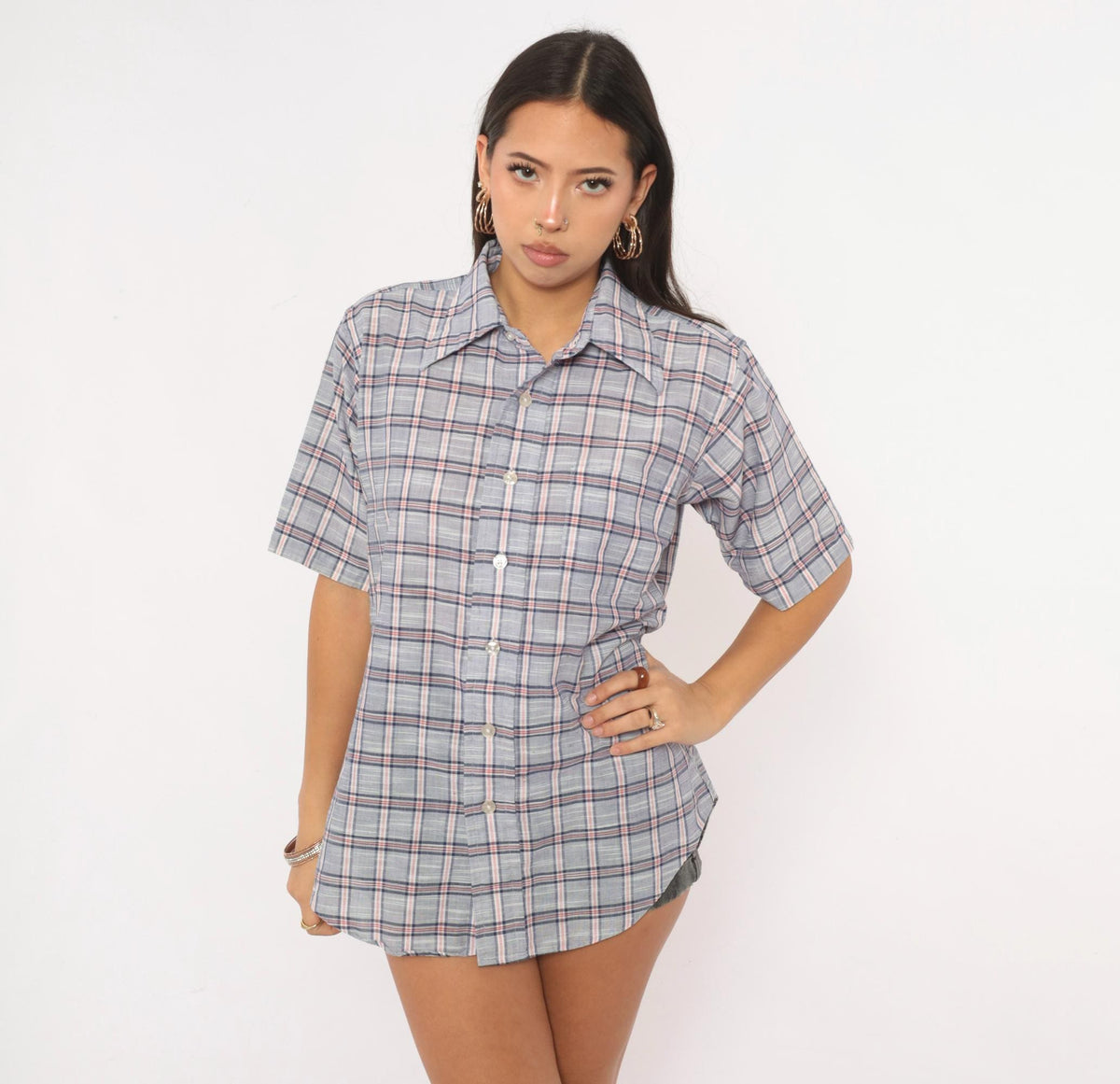 80s Durable Press Plaid Button-Up Shirt Blue Red Check Short Sleeve Medium
