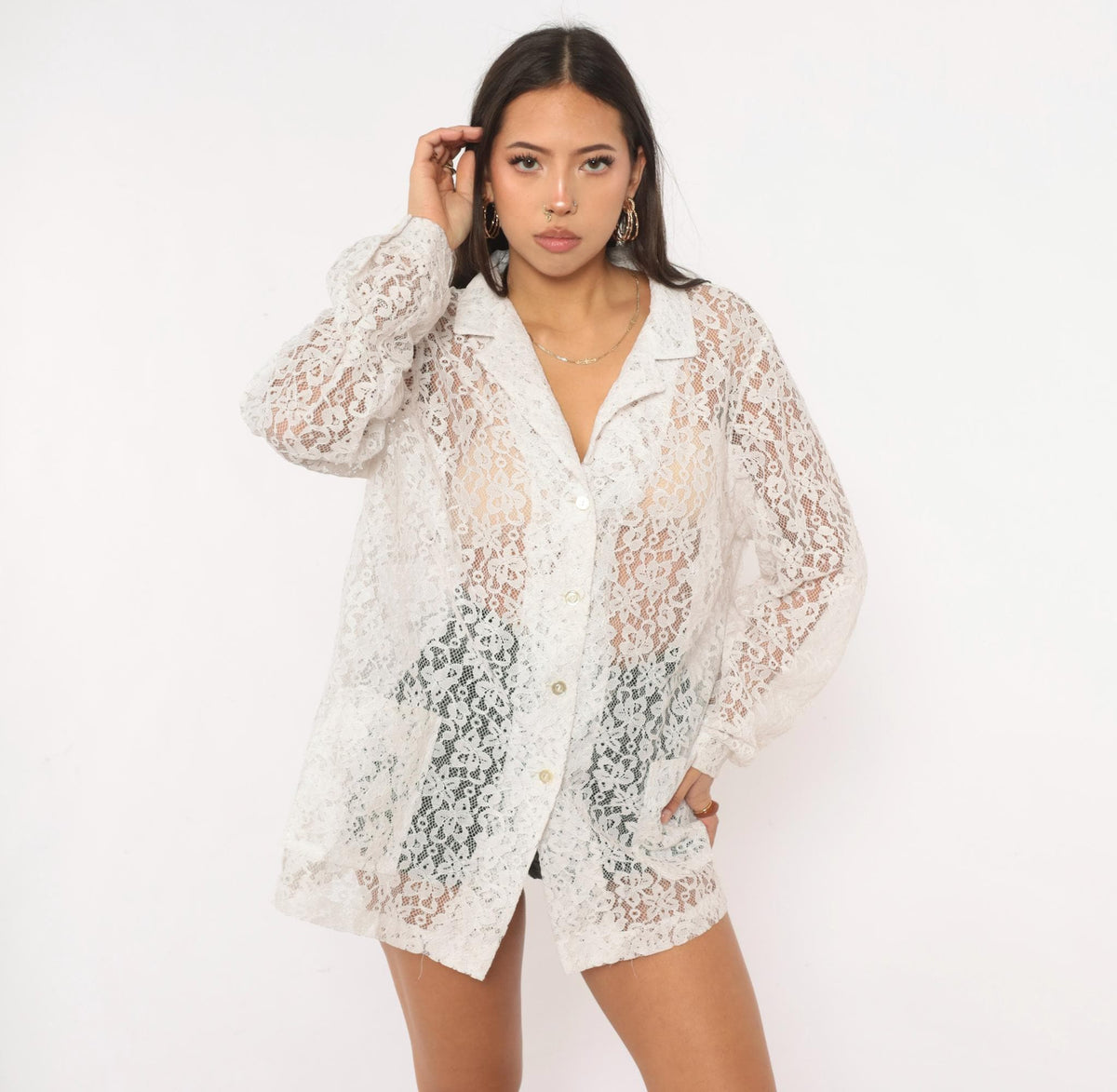 90s White Lace Blouse Sheer Floral Button Front Long Sleeve Patch Pocket Large