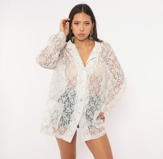 90s White Lace Blouse Sheer Floral Button Front Long Sleeve Patch Pocket Large