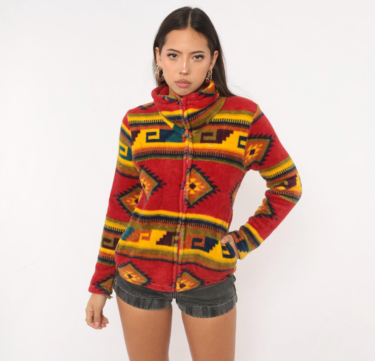 90s Trail Crest Southwestern Aztec Zip Jacket Red Mock Neck Extra Small XS