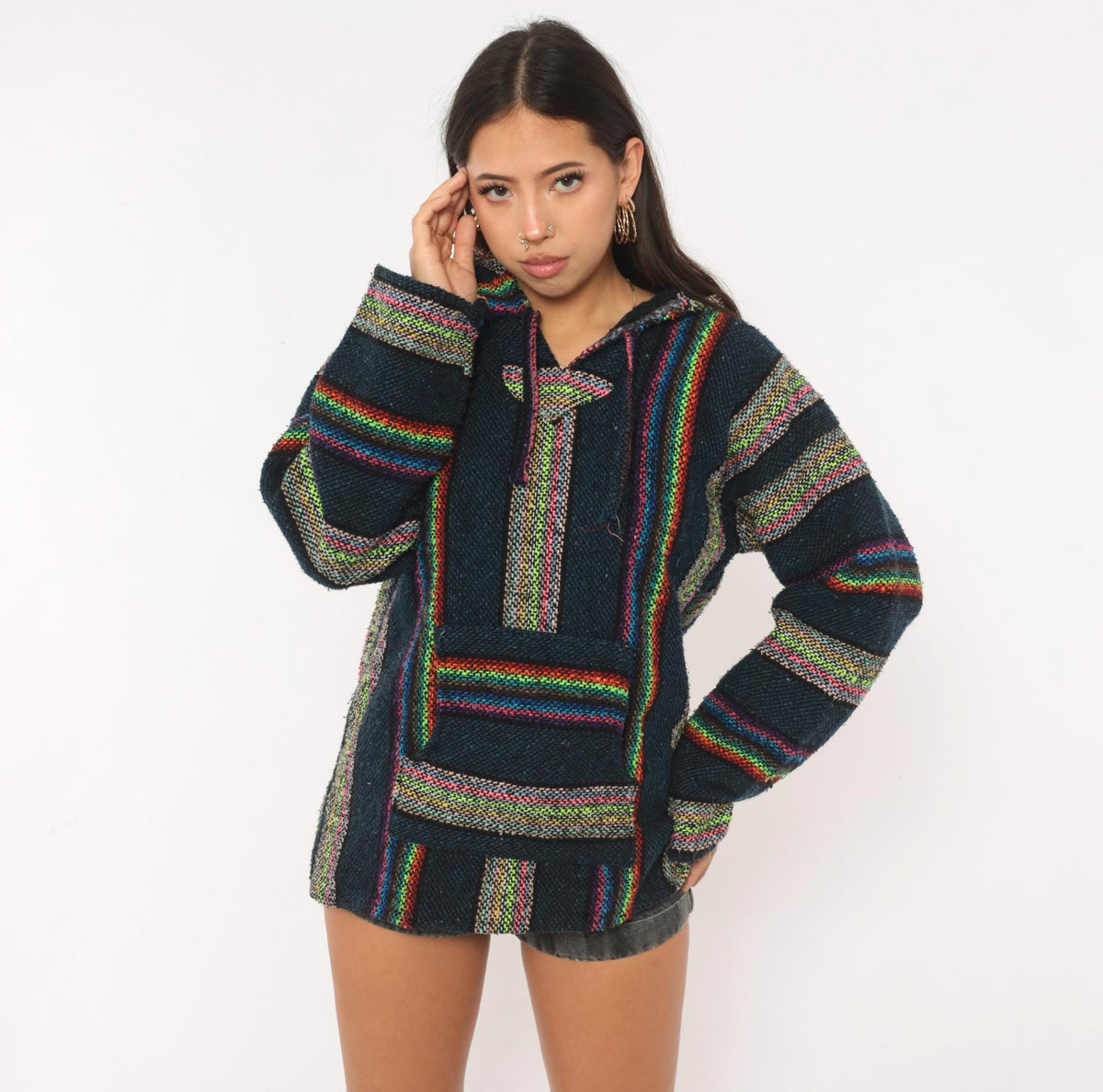 90s Navy Baja Hoodie Rainbow Stripe Woven Pullover Kangaroo Pocket Medium