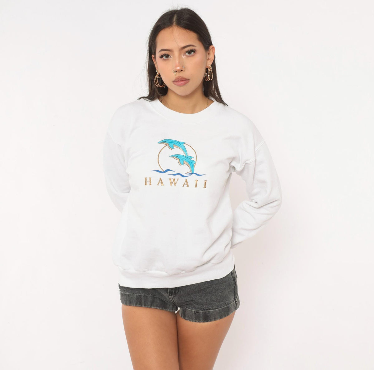 90s Hanes Hawaii Dolphin Embroidered Sweatshirt White Crewneck Small