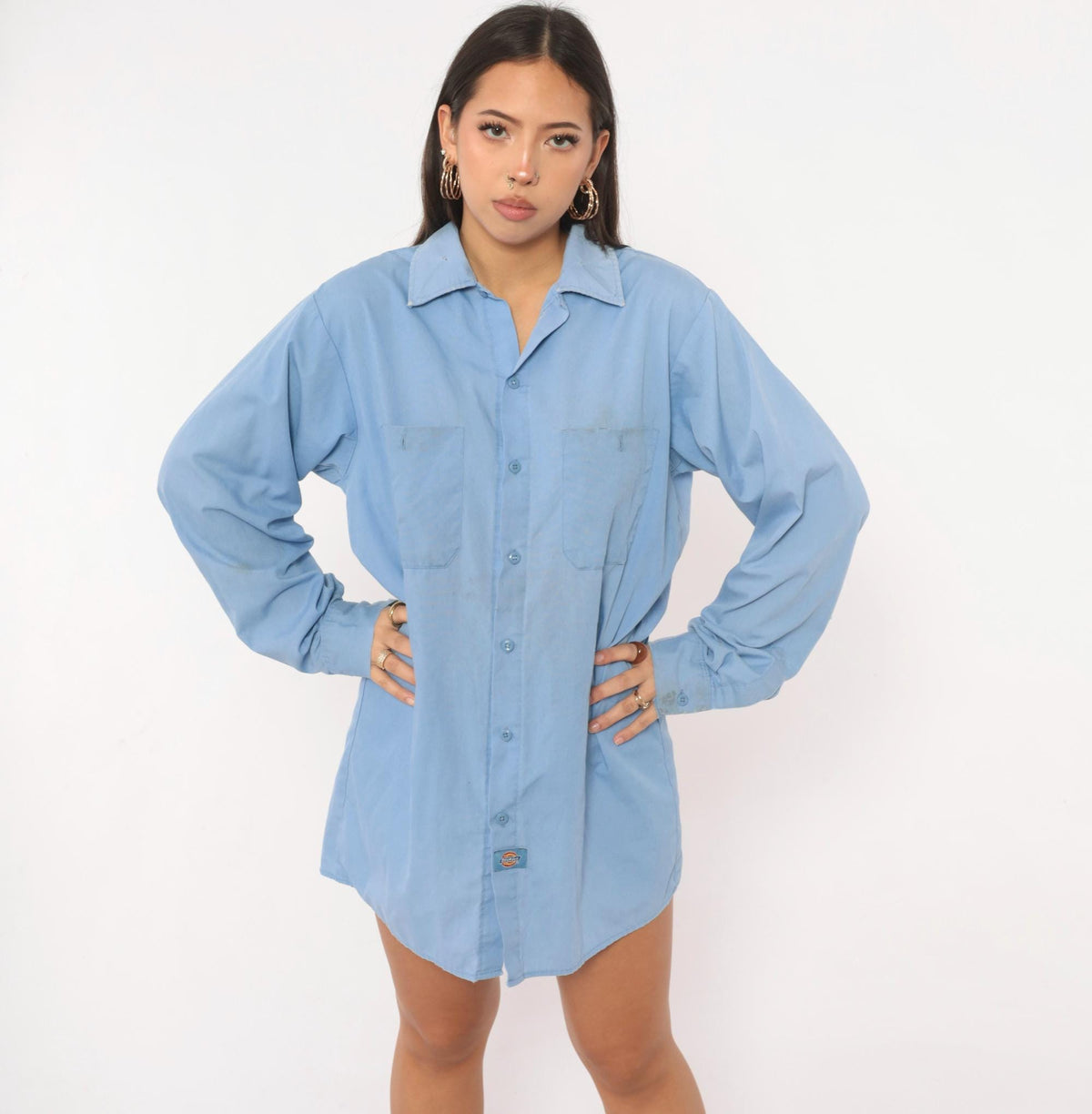 90s Dickies Light Blue Work Shirt Button Front Medium Distressed