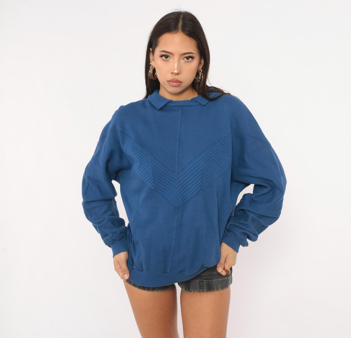 80s Cobalt Sweatshirt Chevron Quilted Panel Collared Cotler Small