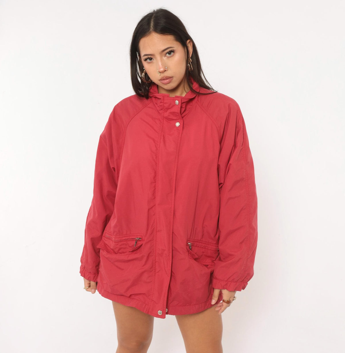 90s Eddie Bauer Red Nylon Windbreaker Jacket Raglan Snap Collar Medium M