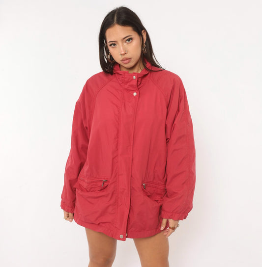 90s Eddie Bauer Red Nylon Windbreaker Jacket Raglan Snap Collar Medium M