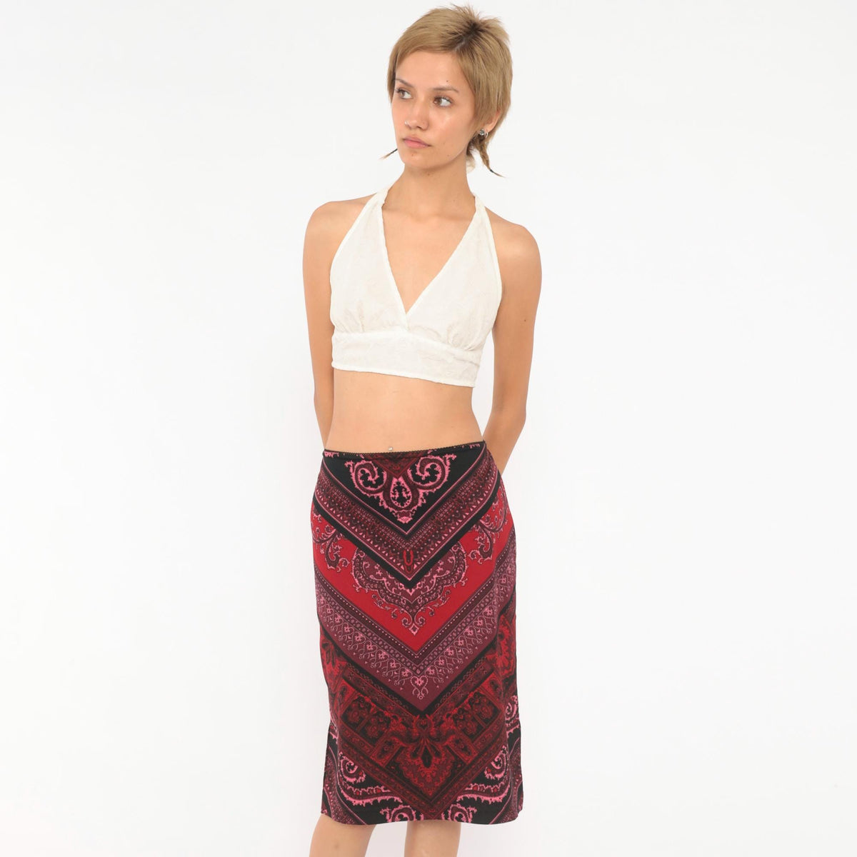 Y2K Tempted Paisley Bandana Chevron Skirt Black Red Burgundy Large