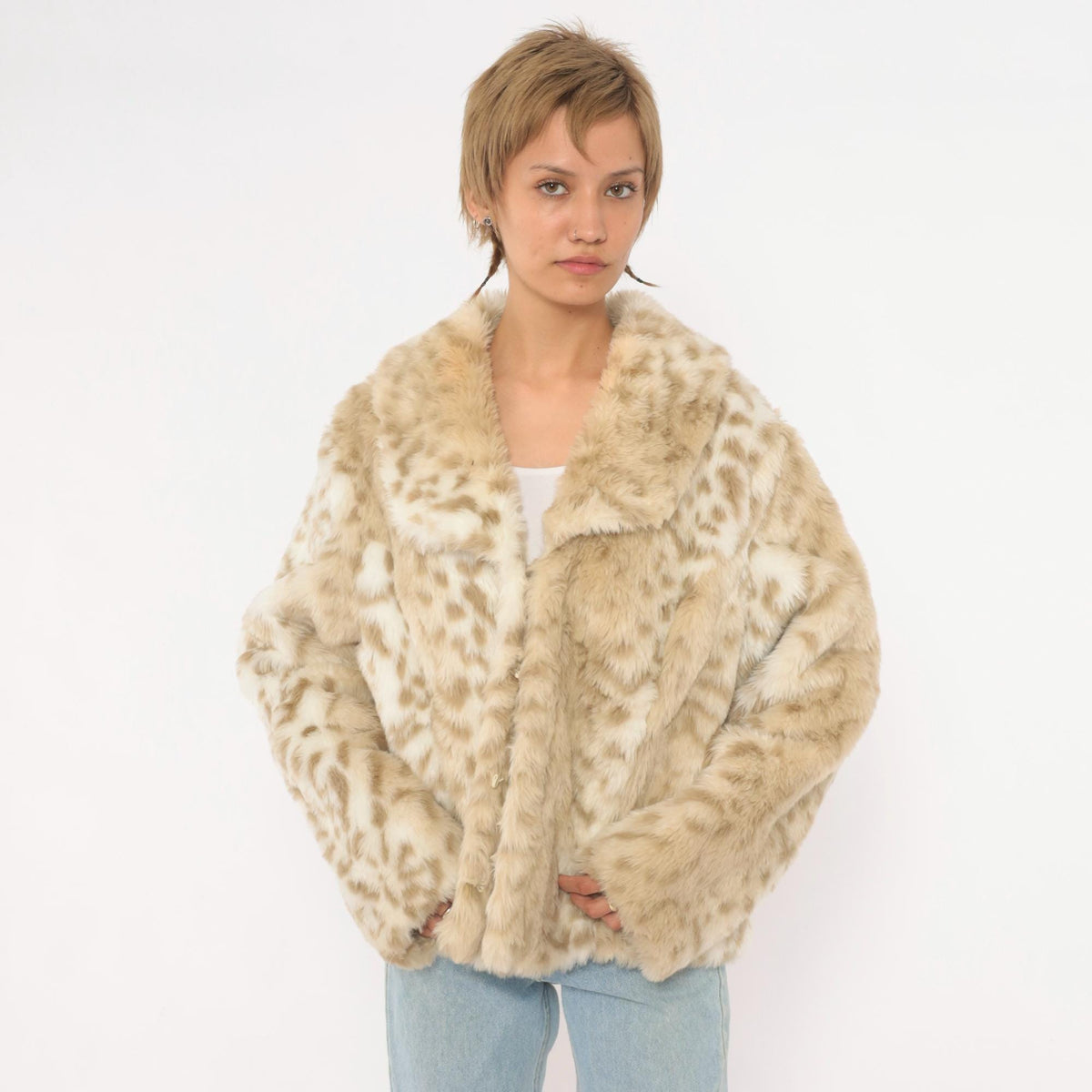 Y2K Relativity Faux Fur Jacket Cream Leopard Print Wide Collar Large L