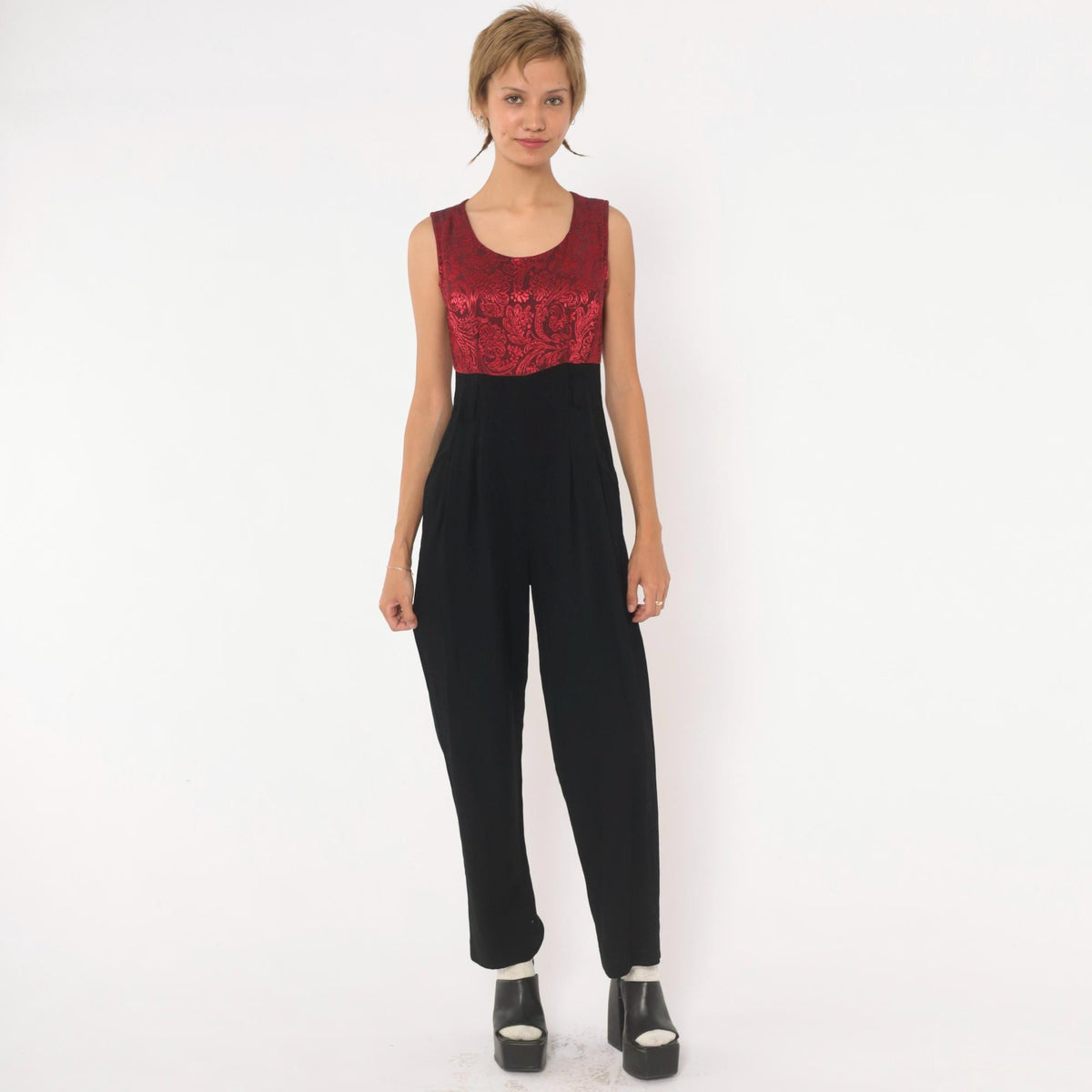 90s Black Jumpsuit Red Brocade Bodice Sleeveless High Waist Small S