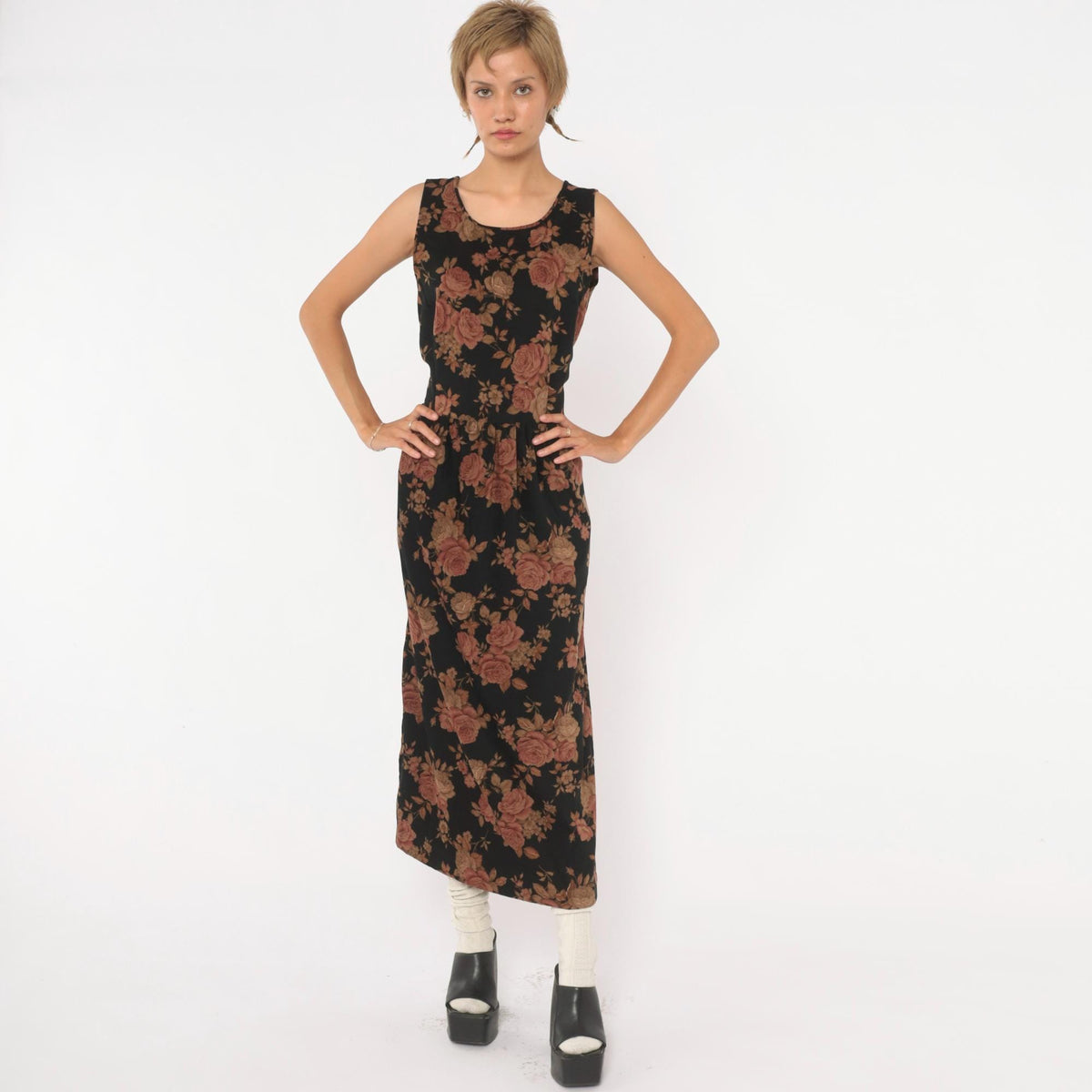 90s Black Floral Velour Dress Rose Print Tie Back Ankle Length Small S