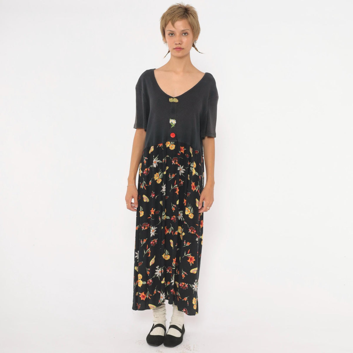 90s Petite Impressions Black Floral Midi Dress Ribbed Knit V Neck Large L