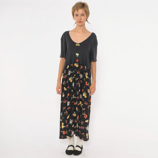90s Petite Impressions Black Floral Midi Dress Ribbed Knit V Neck Large L
