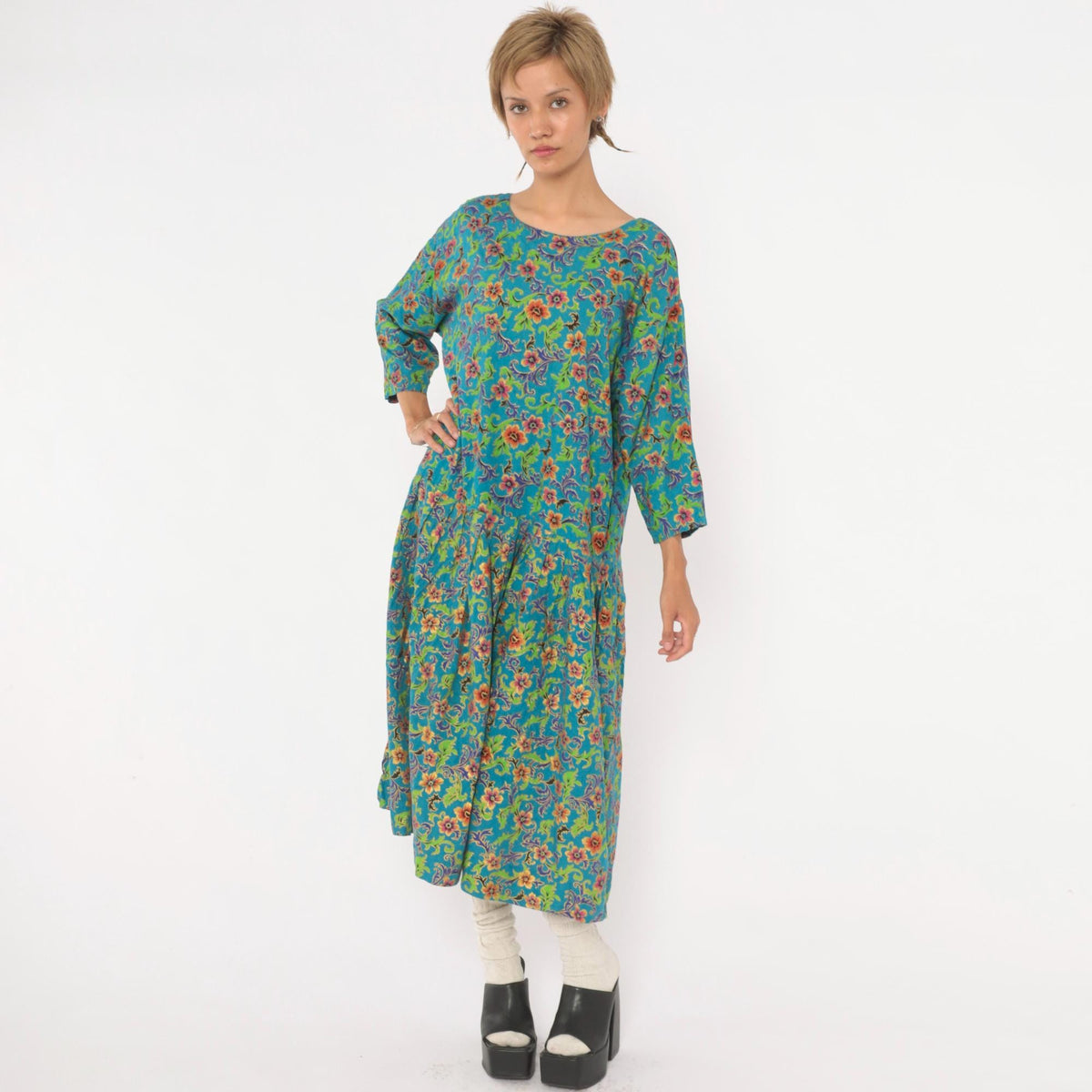 80s Passports Floral Midi Dress Teal Drop Waist Pockets Large L