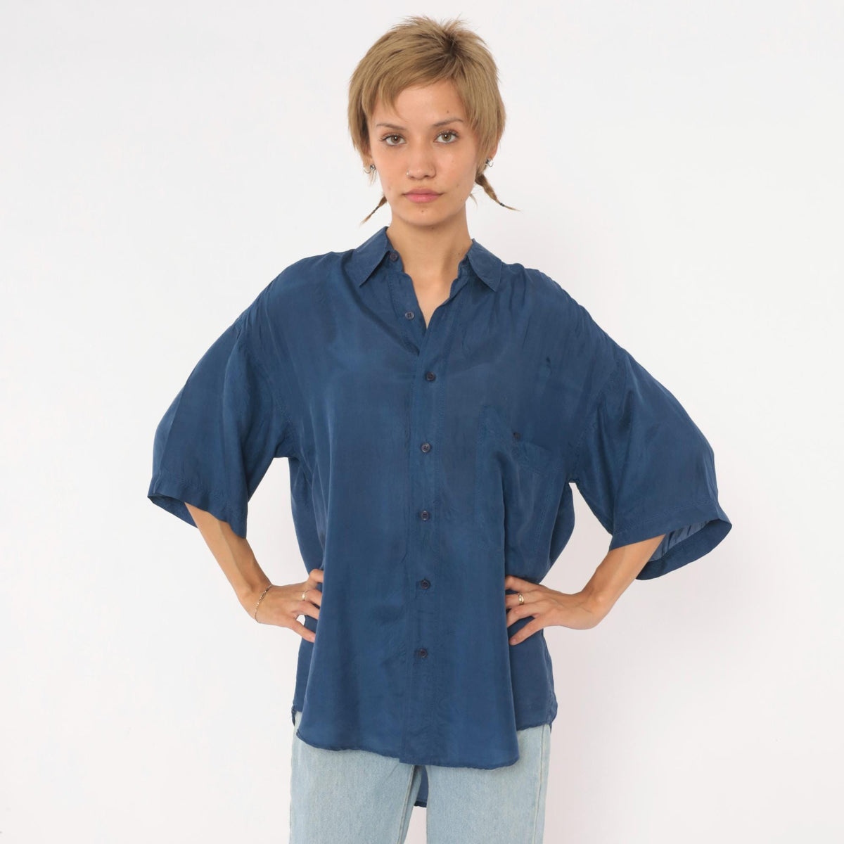 90s Franco Biani Navy Silk Button-Up Shirt Small