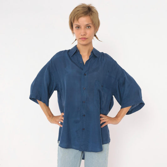 90s Franco Biani Navy Silk Button-Up Shirt Small