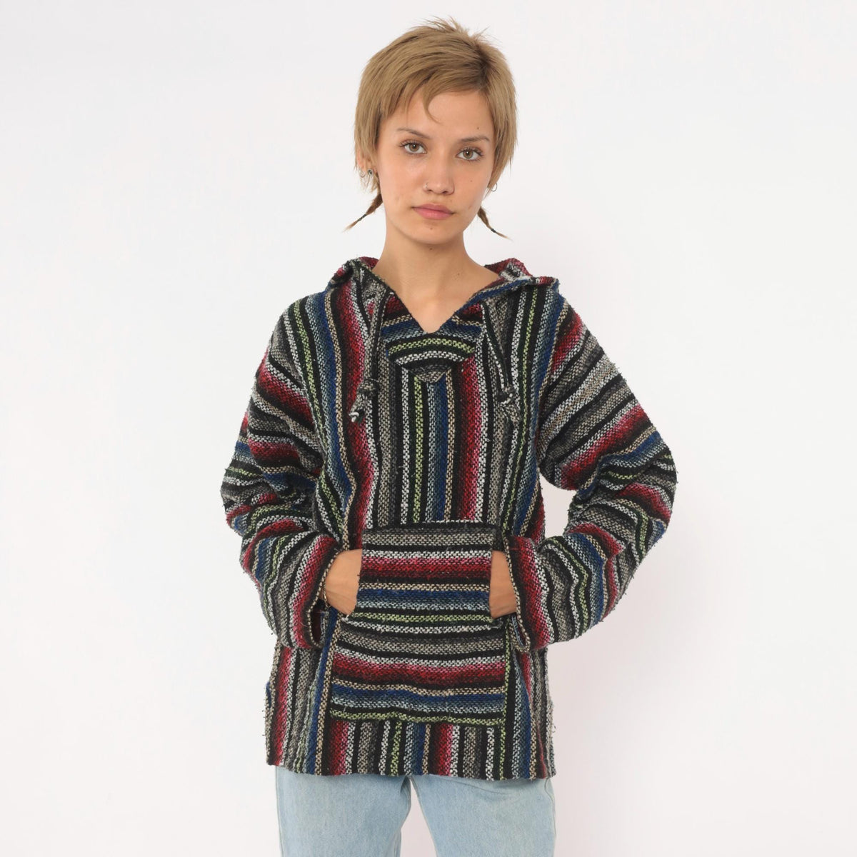 90s Artesanias Cuamatz Baja Hoodie Black Rainbow Stripe Woven Pullover Large L