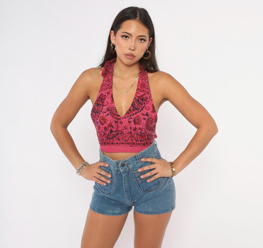 70s Pink Paisley Halter Crop Top Deep V Neck Backless Cotton Small