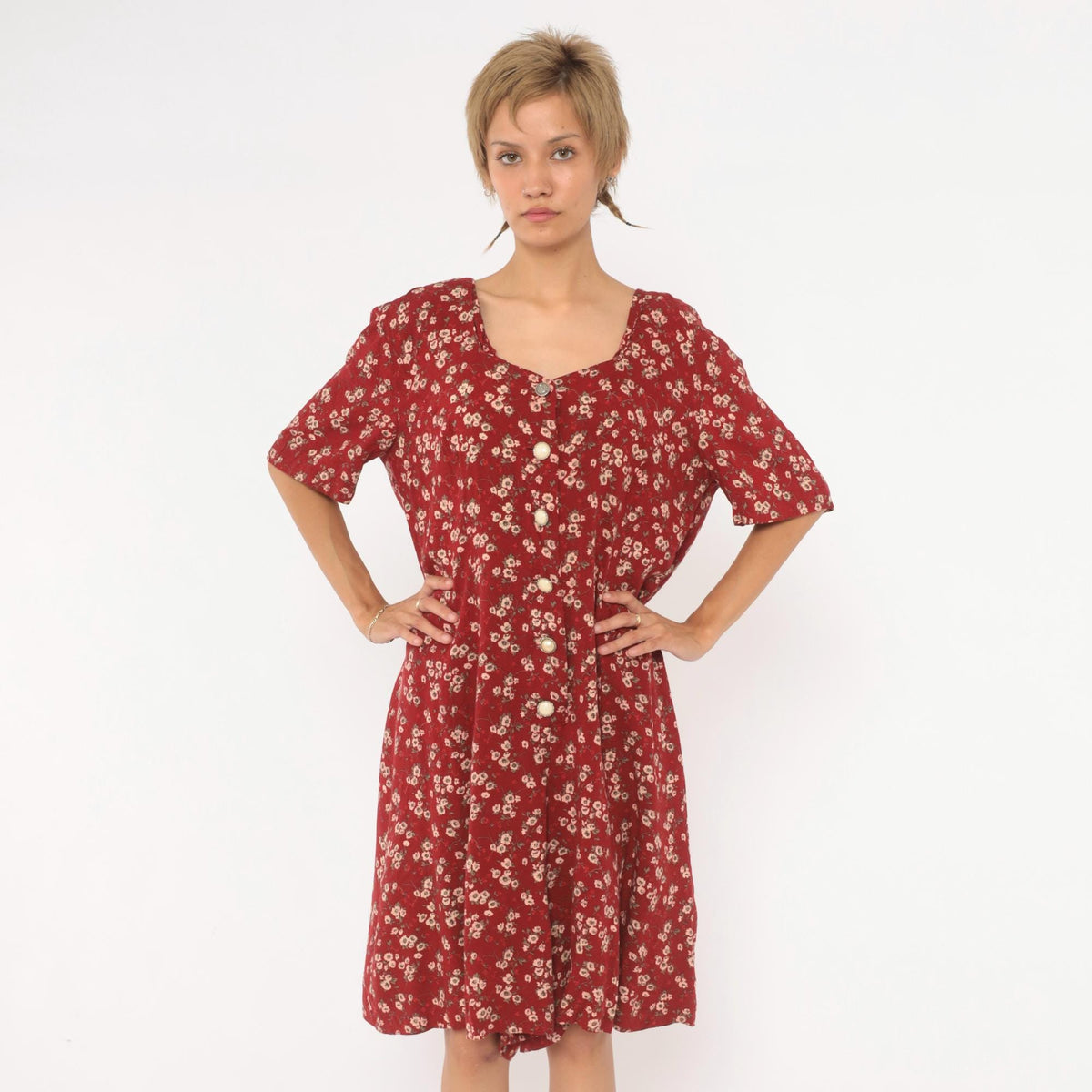 90s Sunshine Starshine Floral Romper Red Cream Sweetheart Neckline Large L