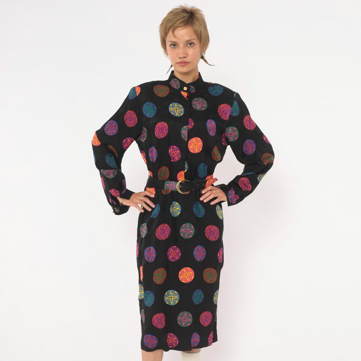 80s Gay Boyer Collections Black Silk Midi Dress Medallion Print Mandarin Collar Medium